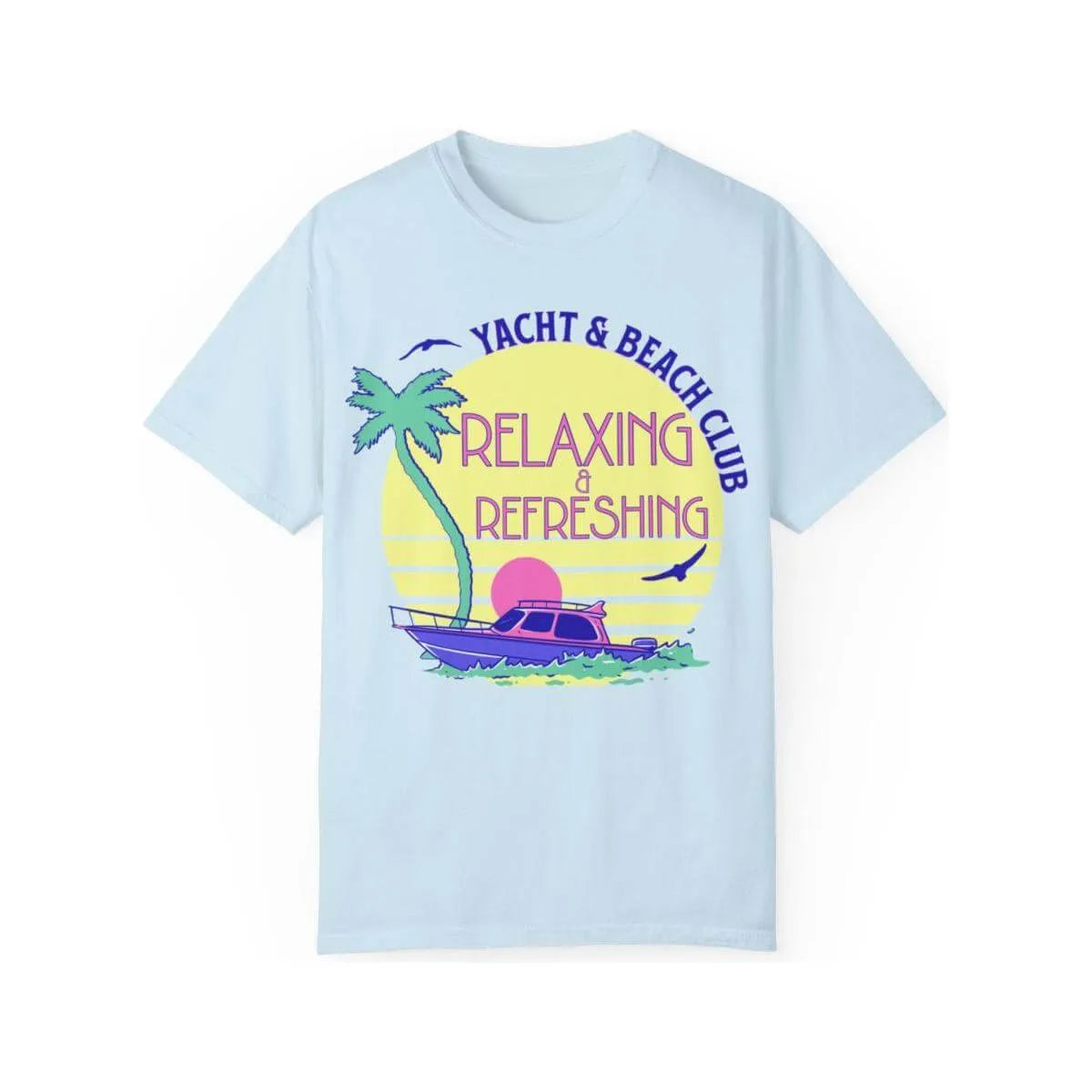 Light blue t-shirt with Yacht & Beach Club graphic, palm tree, yacht, sunset, and relaxing text